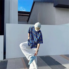 蓝格子衬衫男高级感痞帅短袖薄款美式复古设计感上衣CSA53-P35，男装T恤，星座208-5