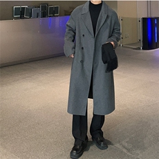 韩系中长款毛呢大衣男秋英伦风高街痞帅风衣复古潮流情侣呢子外套，男装风衣，星座710
