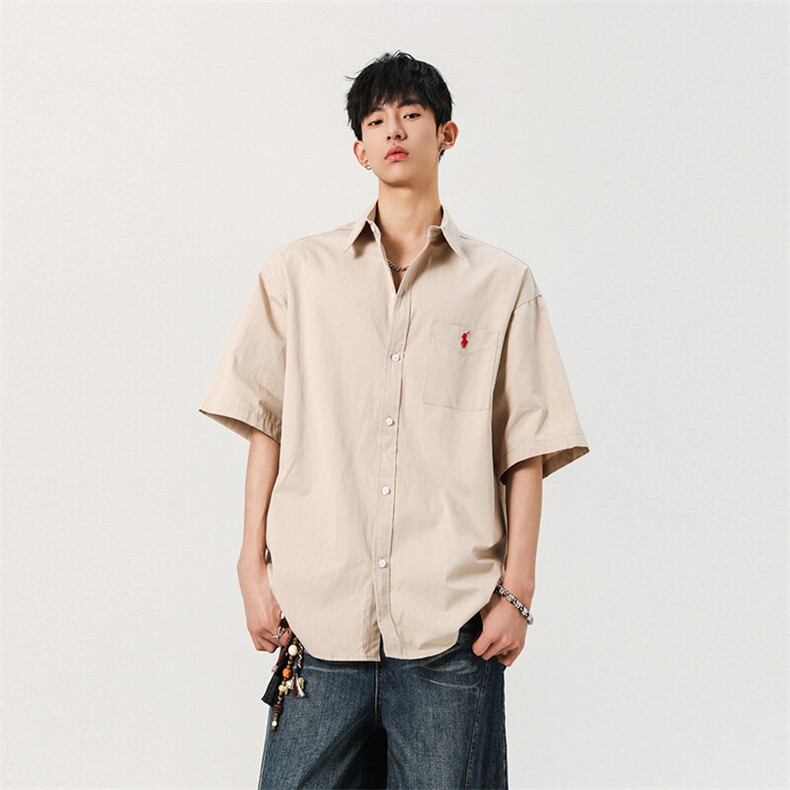 日系简约纯色刺绣短袖衬衫男夏穿搭衬衣宽松休闲学院风短袖991P45，男装T恤，星座710