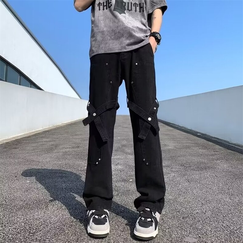 高街vibe裤子潮牌男牛仔裤直筒铆钉绑带工装微喇裤N121,男装牛仔裤,星座1116A-1（原606A）