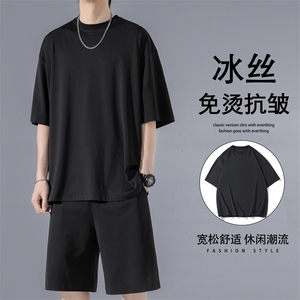2024夏季新款无影墙大码冰丝短袖T恤套装M-5XHQ24506-P60,服装店天蓝色的墙怎么搭配图片