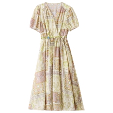 法式复古波西米亚风连衣裙2025夏季新款时尚收腰显瘦印花裙子女，女装连衣裙，魅丽静蓝