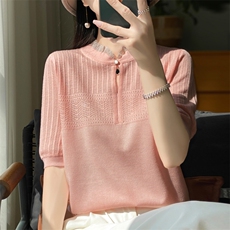 桑蚕丝羊毛针织T恤衫女夏季新款薄款镂空钉珠短袖内搭上衣打底衫，女装针织衫/毛衣，大美人包芯纱店