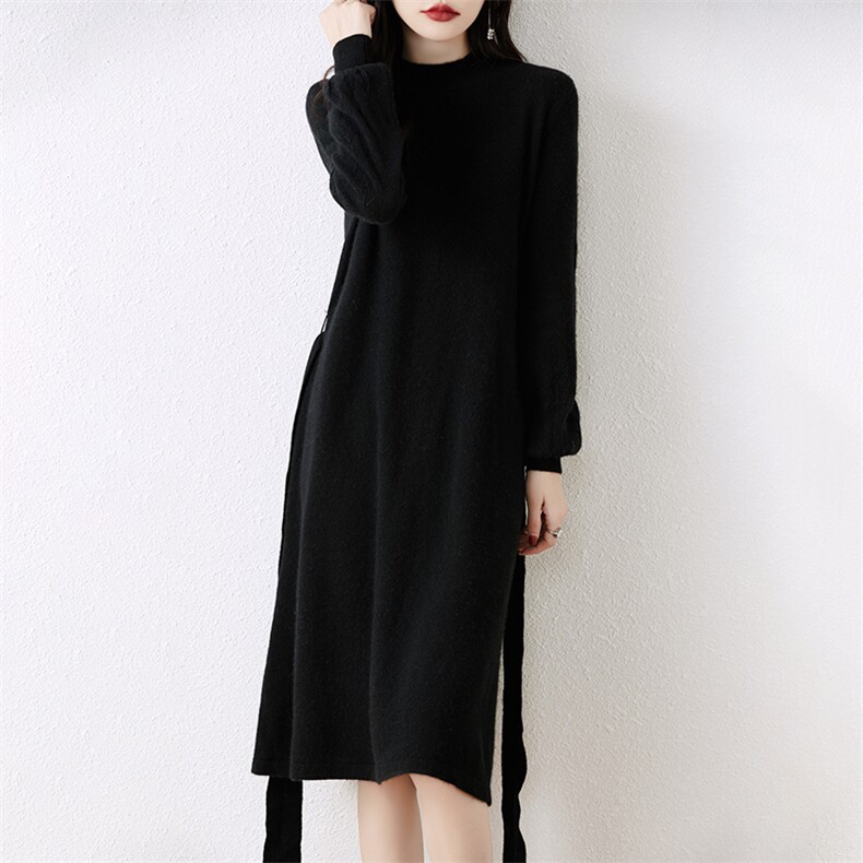 黑色羊毛泡泡袖长裙套头显瘦气质简约连衣裙高腰开叉设计优雅百搭，女装连衣裙，丹芙娇羊绒