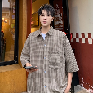 短袖衬衫男夏季新款港风宽松纯棉格子衬衣DX101-P35图片