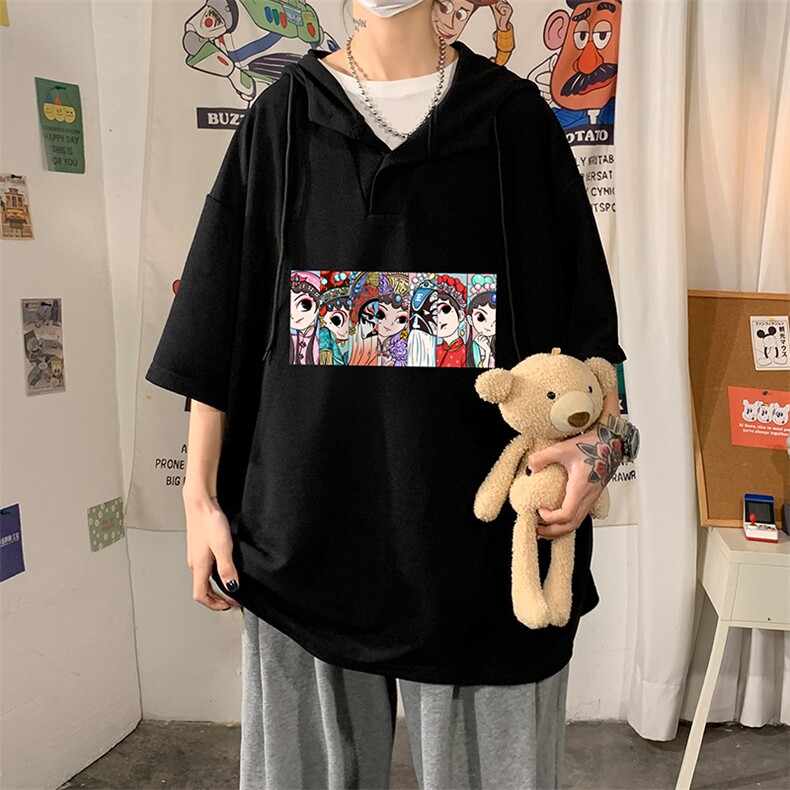 LD54250-P45京剧脸谱风连帽短袖t恤男大码带帽五分袖海报风,男装T恤,电商A040