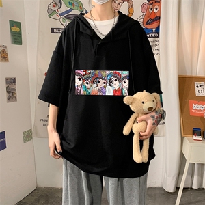 LD54250-P45 京剧脸谱风连帽短袖t恤男大码带帽五分袖 海报风图片