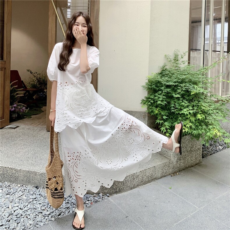 法式白色镂空套装裙女2025夏季新款氛围感度假风上衣半身裙两件套,女装套装/套裙,2C201