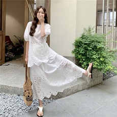 法式白色镂空套装裙女2025夏季新款氛围感度假风上衣半身裙两件套，女装套装/套裙，2C201