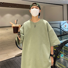 T8073/P30夏季港风宽松半袖潮短袖透气T恤男纯色提花上衣大码男，男装T恤，电商A141