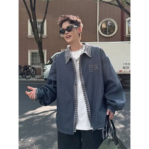 美式复古千鸟格拼接假两件cleanfit外套男秋设计感宽松高级感夹克图片