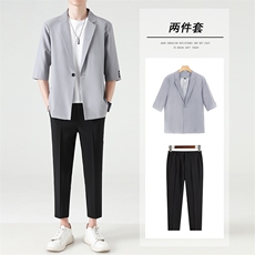 西装套装男春夏修身九分西裤男士休闲长裤子宽松五分袖西服两件套，男装西服套装，星座505-2（原电商A260-1)