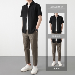 夏季九分西裤男长裤修身韩版港风休闲裤短袖衬衫纯棉套装两件套潮图片