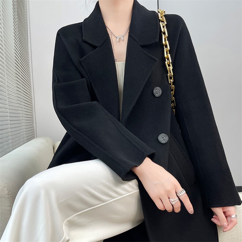 2024秋季新款纯色长袖中长款羊毛毛呢大衣通勤百搭,女装双面呢大衣,贝源羊绒