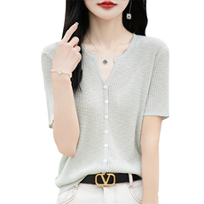 竹节麻针织V领短袖女T恤夏季裙子外搭上衣披肩薄款坑条显瘦外套潮，女装针织衫/毛衣，东远绒业