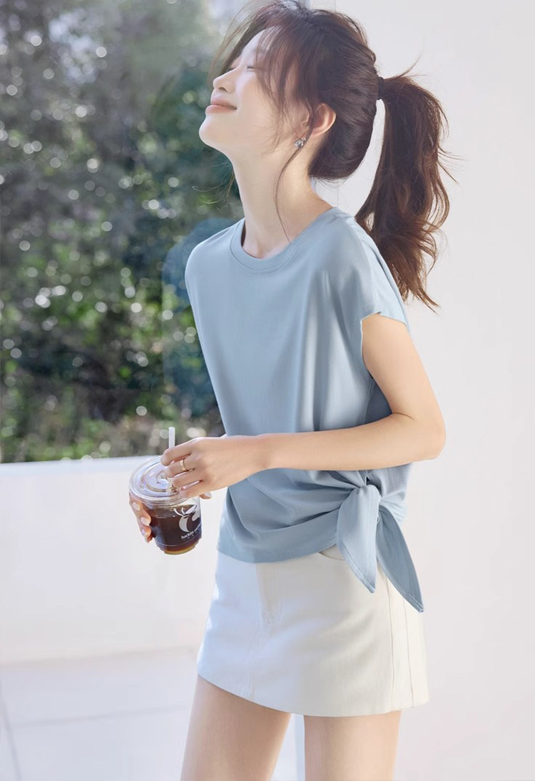 轻通勤设计感结构褶皱绑带圆领短袖2025夏季新款休闲T恤,女装T恤,梦白服饰厂