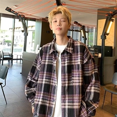 SS26高级感彩虹格纹长袖衬衫男日系复古衬衣大码胖子宽松外套时尚，男装衬衫，星座308A-1（原309B-1）