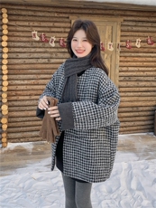 韩版通勤复古千鸟格编织中长款羽绒服女+围巾2025冬季氛围感外套，女装羽绒服，艾米莉亚