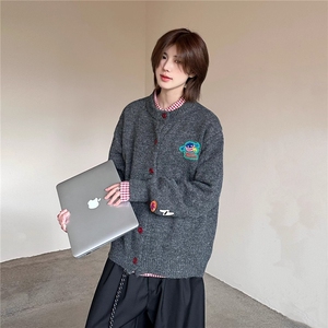 秋冬美式复古卡通刺绣圆领长袖针织开衫男女毛衣外套MY957-P58图片