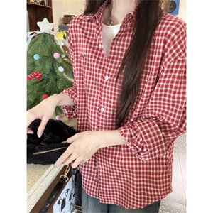 网图有货 美式复古翻领刺绣红格纹衬衫格子长袖衬衣男女 A350-P45图片