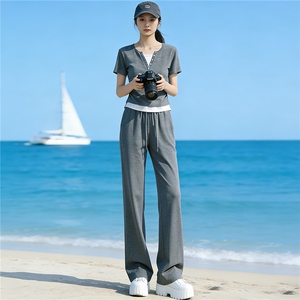 小个子穿搭时尚套装女夏季新款纯色圆领拼接短款上衣阔腿裤两件套图片