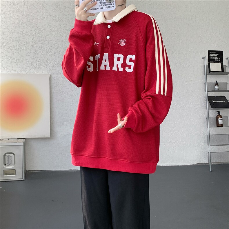 美式复古Polo领卫衣大码秋季重磅刺绣条纹上衣撞色外套WY5113/P65,女装短外套,电商B238