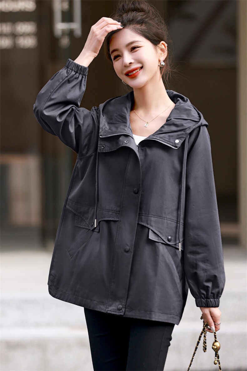 休闲连帽风衣女纯棉外套2025春秋新款韩版宽松洋气显瘦中长款上衣,女装短外套,丽影随形