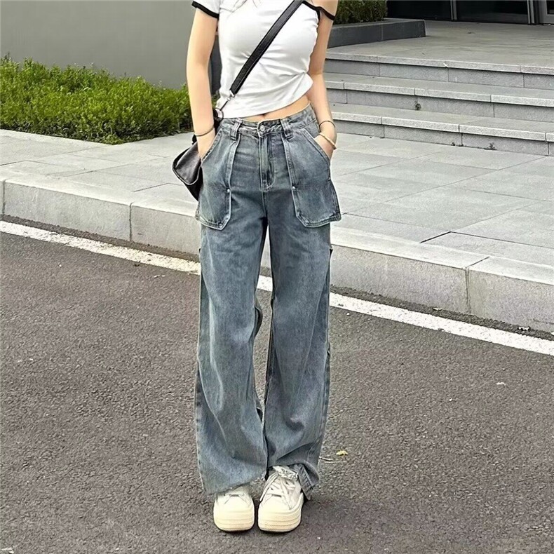 美式复古水洗工装牛仔裤女高街新款高腰宽松显瘦百搭直筒阔腿长裤,女装牛仔裤,星座506A