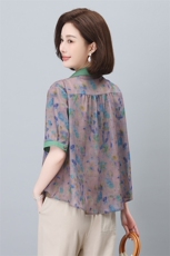 夏季冰丝棉麻女夏装2024新款妈妈洋气时尚休闲亚麻，女装蕾丝衫/雪纺衫，依恋蒂丝