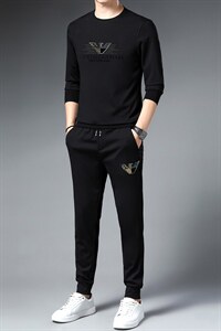 春秋季时尚圆领套装男休闲运动服中青年长袖印花T恤两件套男装图片