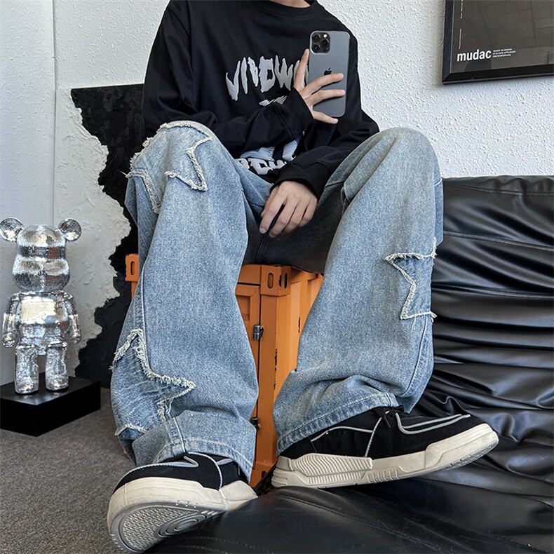 潮街头五角星贴补刺绣牛仔裤男宽松高街直筒长裤潮N01781-P48,男装牛仔裤,星座308B-1