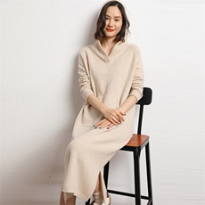 时尚潮流2024年秋季12针平面连帽羊然双兜连衣裙，女装连衣裙，五色羊羊绒