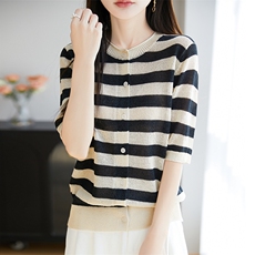 条纹天丝针织短袖开衫T恤女2025夏季新款宽松圆领薄百搭小衫上衣，女装蕾丝衫/雪纺衫，暖烁羊绒