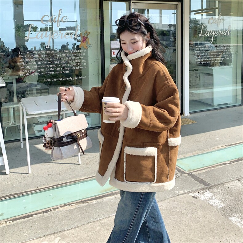 减龄两面穿咖色皮毛一体外套女冬季2025新款羊羔毛小个子加厚棉服,女装羊羔毛/颗粒绒,诺蝶