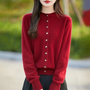 圆领宽松100%羊毛开衫女秋冬款爱心纽扣针织毛衣外套简约羊绒上衣图片