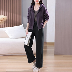 春秋新款时尚两件套装女休闲运动连帽卫衣开衫直筒裤中老年妈妈装，女装套装/套裙，璐依舞