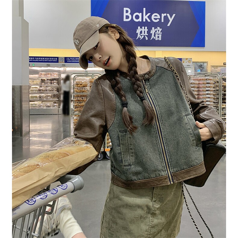 港风复古时尚拼接皮牛仔外套女2025春秋季新款宽松显瘦正肩短上衣,女装皮衣,浙宝189