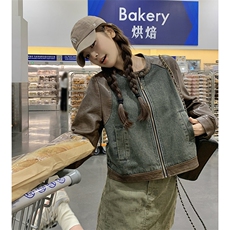港风复古时尚拼接皮牛仔外套女2025春秋季新款宽松显瘦正肩短上衣，女装皮衣，浙宝189