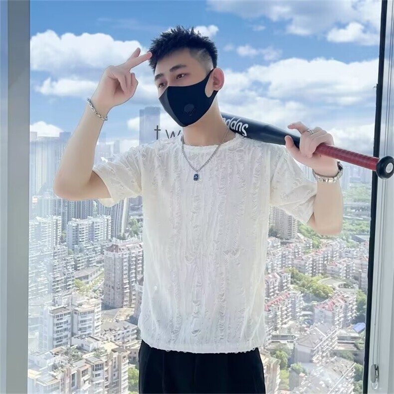 男简约青春流行潮流时尚潮牌夏季潮纯色新款T恤短袖圆领城市风貌图片