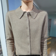 秋冬季新款舒适时尚百搭POLO领貂绒开衫，女装针织衫/毛衣，冬贝尔貂绒