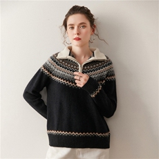 新款撞色翻领设计时尚百搭休闲风，女装针织衫/毛衣，广悦羊绒