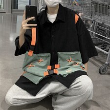 夏季美式工装衬衫潮牌ins短袖潮流宽松假两件半袖T恤W3434-P52，男装衬衫，星座512-2