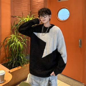 美式新款五角星拼接棉衣潮牌宽松休闲简约百搭针织衫图片