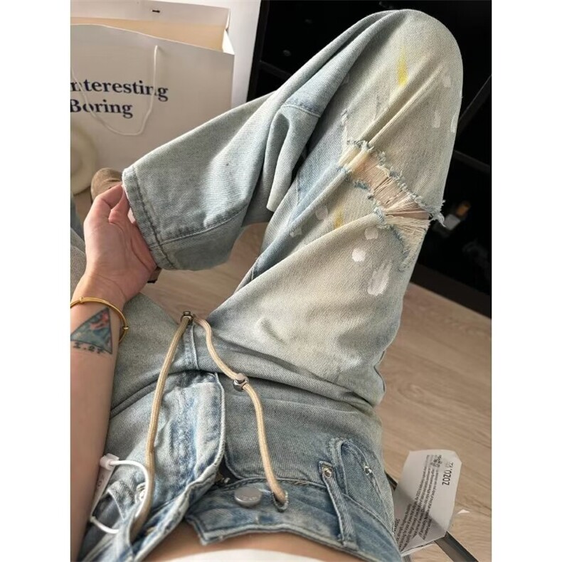 美式复古彩绘涂鸦破洞牛仔裤女夏季新款设计感宽松高腰直筒阔腿裤,男装牛仔裤,星座1210-1