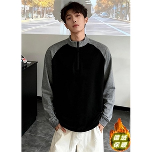 半拉链德绒撞色长袖t恤男春秋季休闲男生打底衫上衣 TY17图片