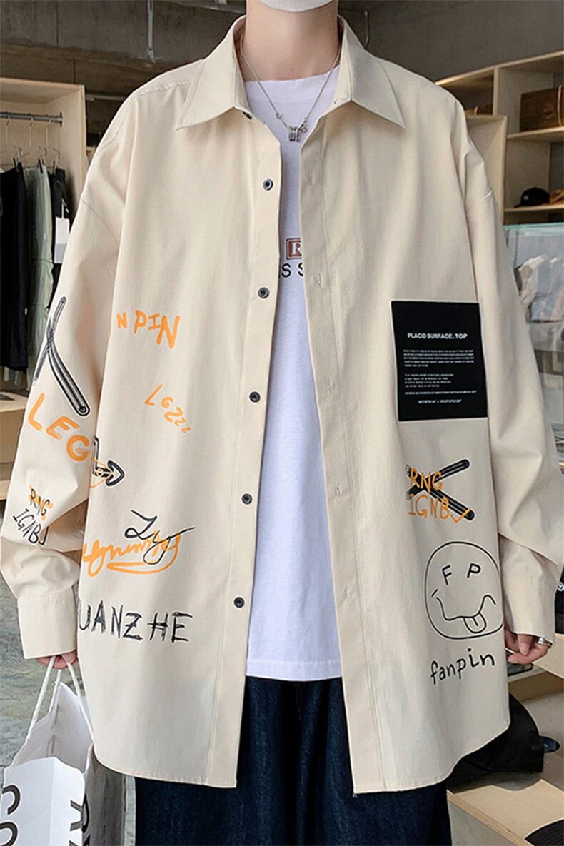 2024春季新款港风大码涂鸦印花长袖衬衫M-5XHC20389-P40,男装衬衫,电商A022