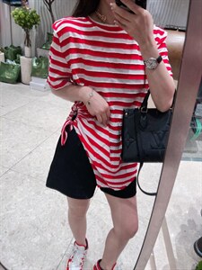 夏季新款 条纹不规则抽绳短袖图片