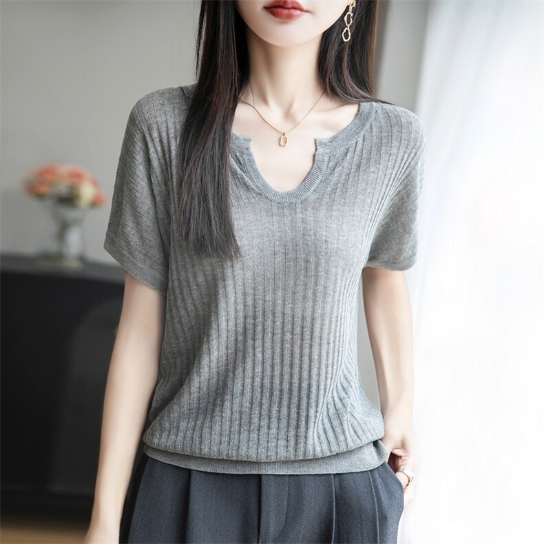 夏季款莱赛尔天丝针织短袖T恤女剪刀V领坑条上衣宽松半袖打底背心,针织衫/毛衣,暖烁特种纱工厂店