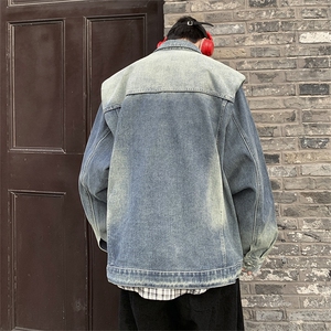 美式垫肩水洗牛仔夹克男秋冬ins潮牌复古感小众情侣款高级感外套图片