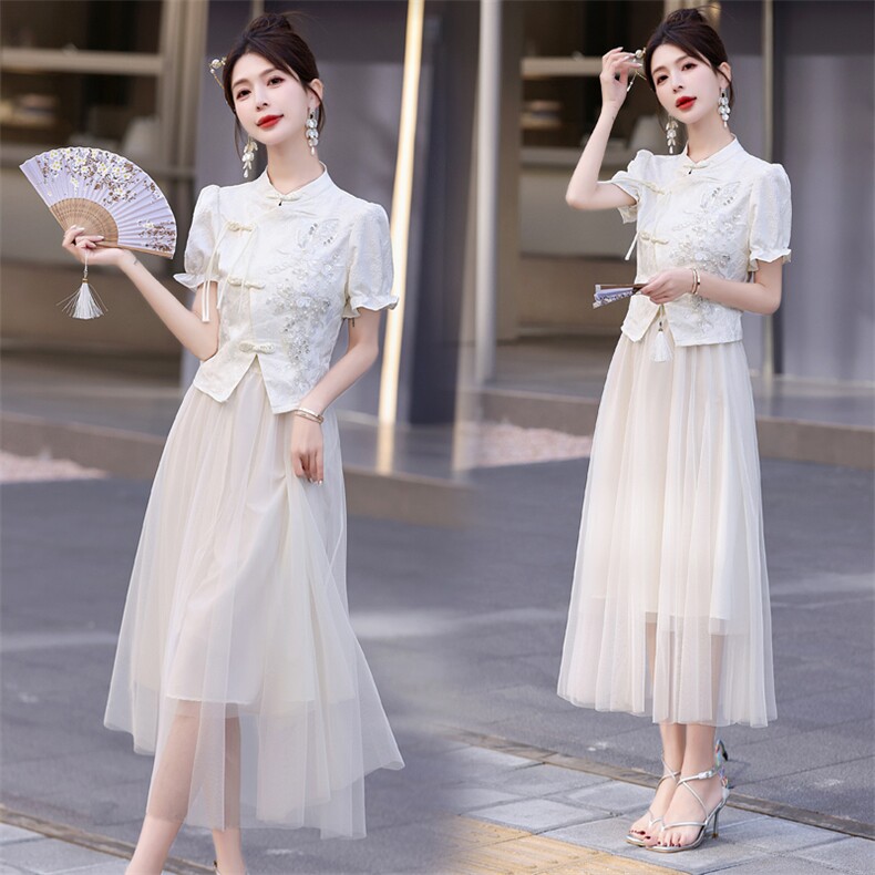 新中式国风网纱裙套装女2025年夏季新款高级感气质改良旗袍两件套，女装套装/套裙，意芙